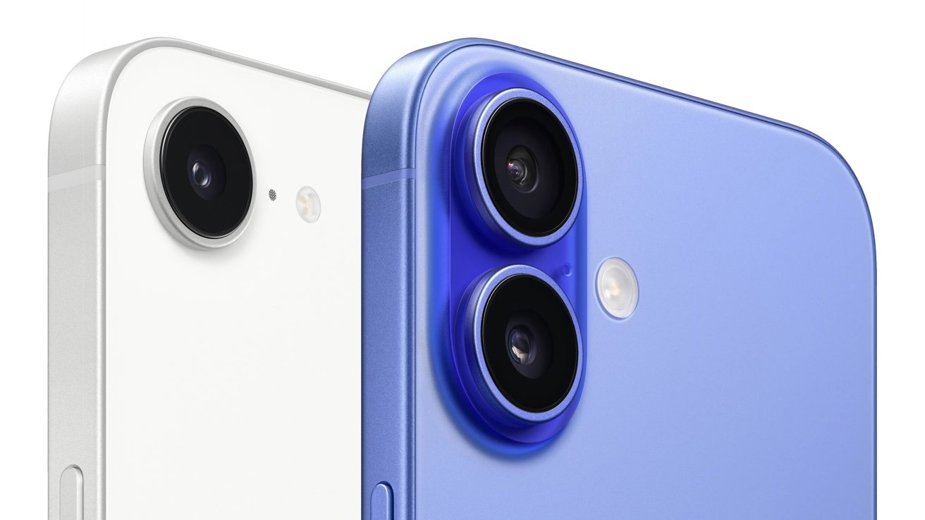 Close-up of two smartphones, one white, the other blue, both featuring rear camera systems with flash and dual lenses.